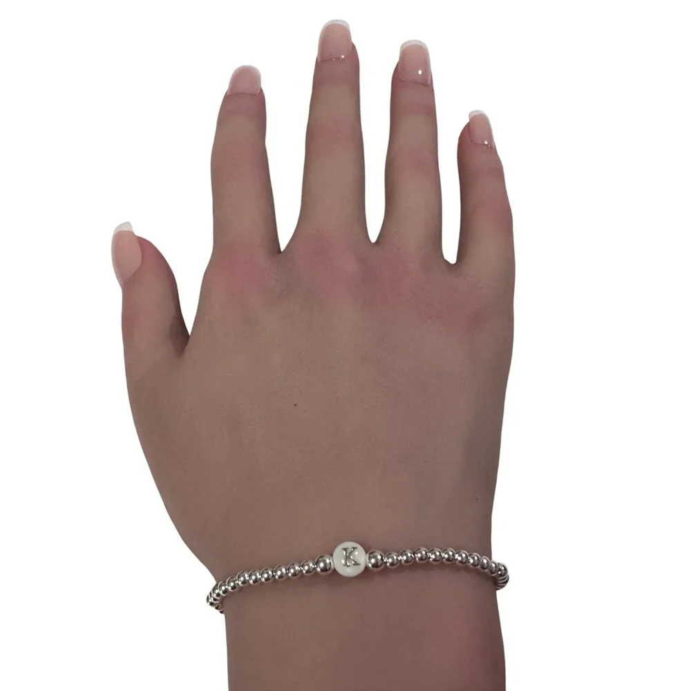 925 Sterling Silver Beaded Stretch Stacking Bracelet MOP Letter Initial K - Picture 6 of 6